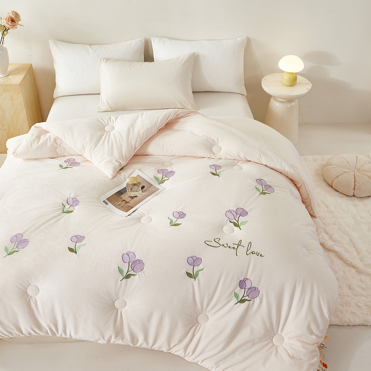 91家纺网 家纺一手货源 找家纺 合纵跨境工厂 2025秋冬新款恒温大豆被子被芯跨境外贸一件代发亚马逊希音包过核价-刺绣零压绒恒温大豆被 郁金香