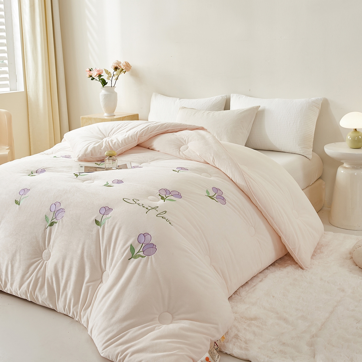 91家纺网 家纺一手货源 找家纺 合纵跨境工厂 2025秋冬新款恒温大豆被子被芯跨境外贸一件代发亚马逊希音包过核价-刺绣零压绒恒温大豆被 郁金香