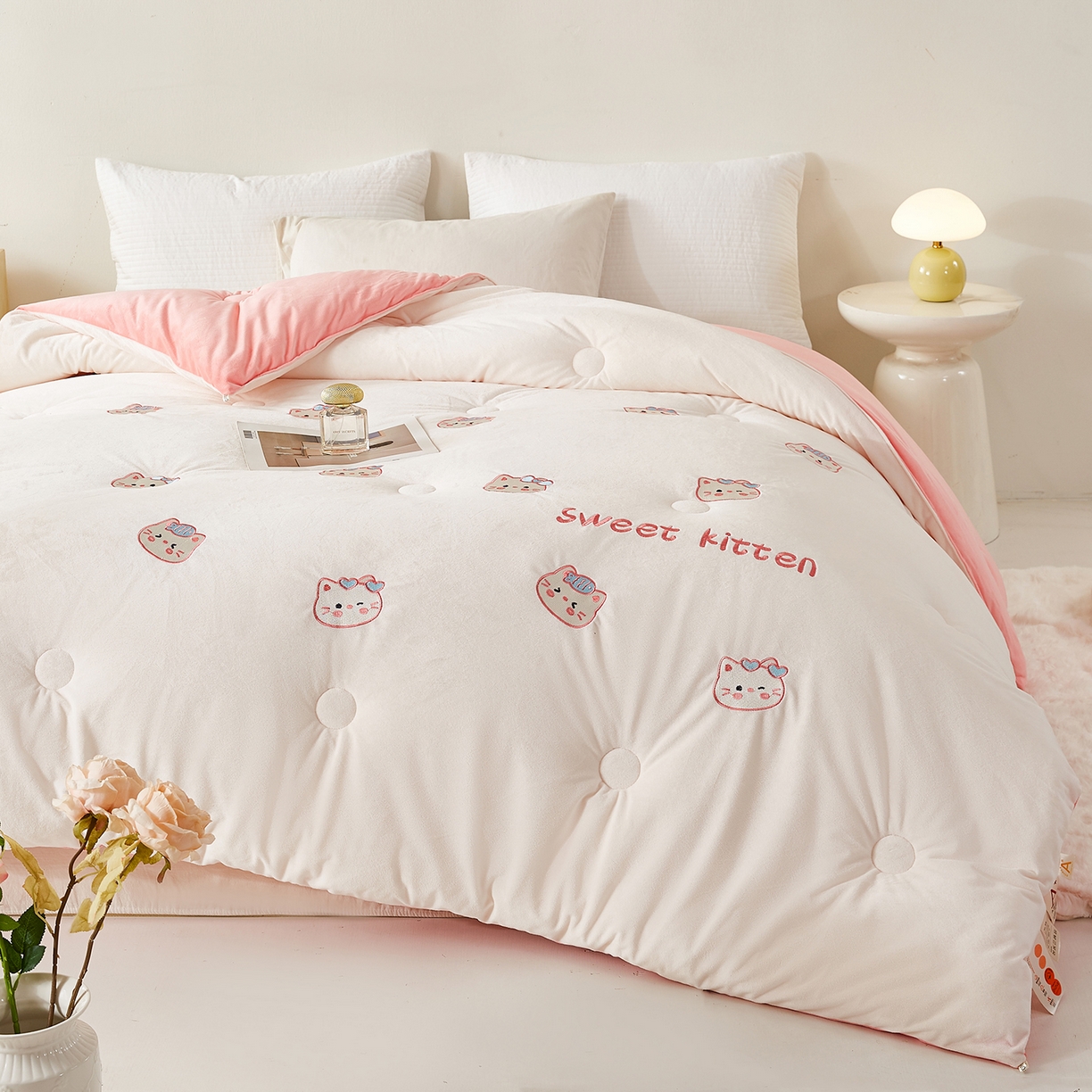 91家纺网 家纺一手货源 找家纺 合纵跨境工厂 2025秋冬新款恒温大豆被子被芯跨境外贸一件代发亚马逊希音包过核价-刺绣零压绒恒温大豆被 猫咪