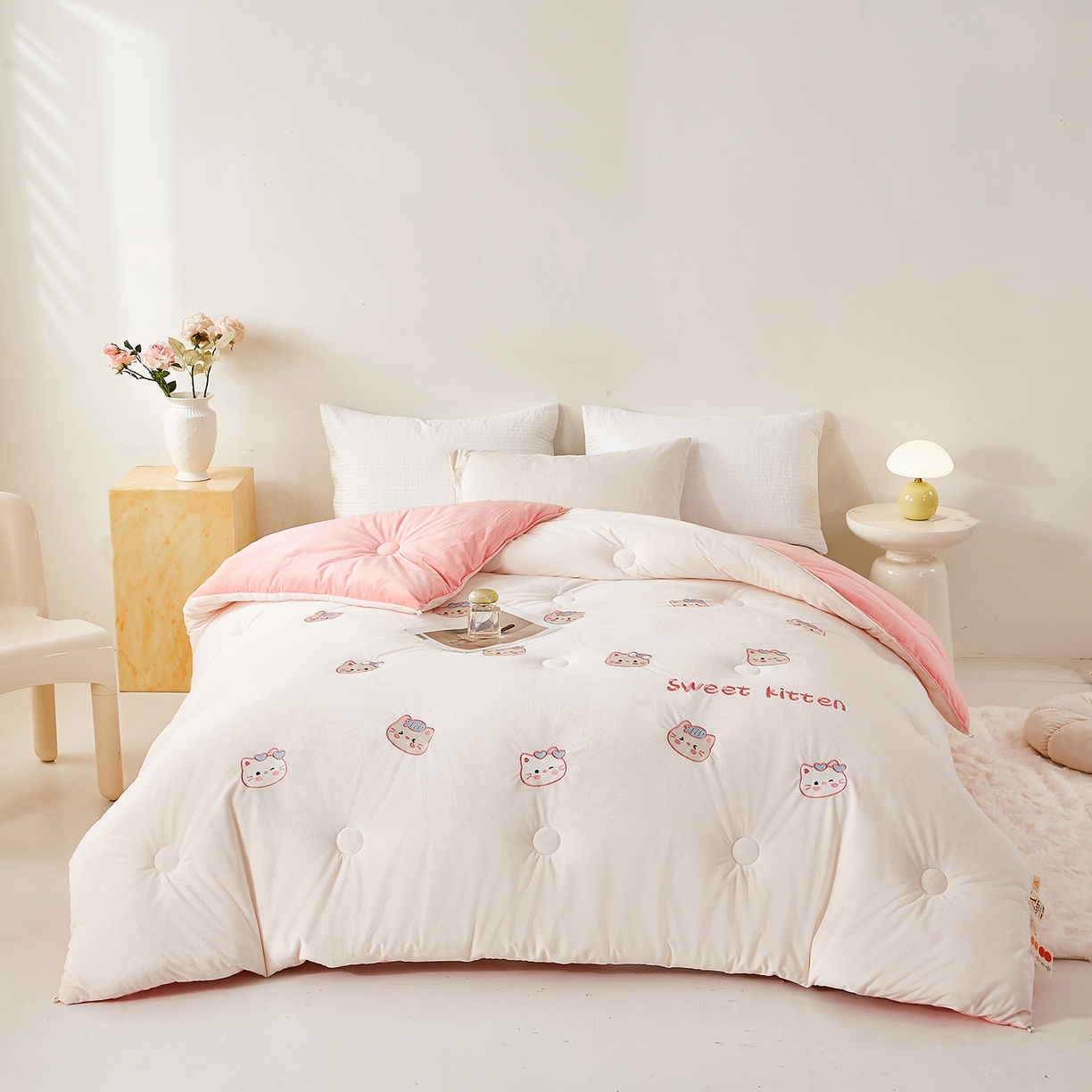 91家纺网 家纺一手货源 找家纺 合纵跨境工厂 2025秋冬新款恒温大豆被子被芯跨境外贸一件代发亚马逊希音包过核价-刺绣零压绒恒温大豆被 猫咪