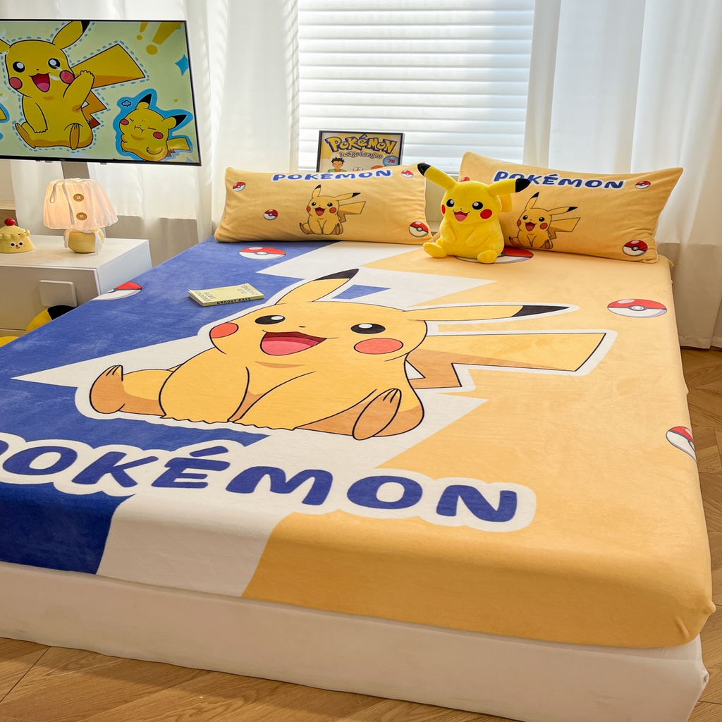 91家纺网 家纺一手货源 找家纺 暮思家居 2025新款正版授权宝可梦大版牛奶绒数码印花单品床笠单件床笠(带标价格） 绒A版-闪电皮卡丘
