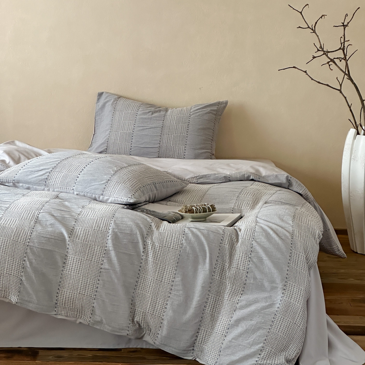 云上 2025新款法式全棉纯棉串绳华夫格四件套 串绳-烟灰