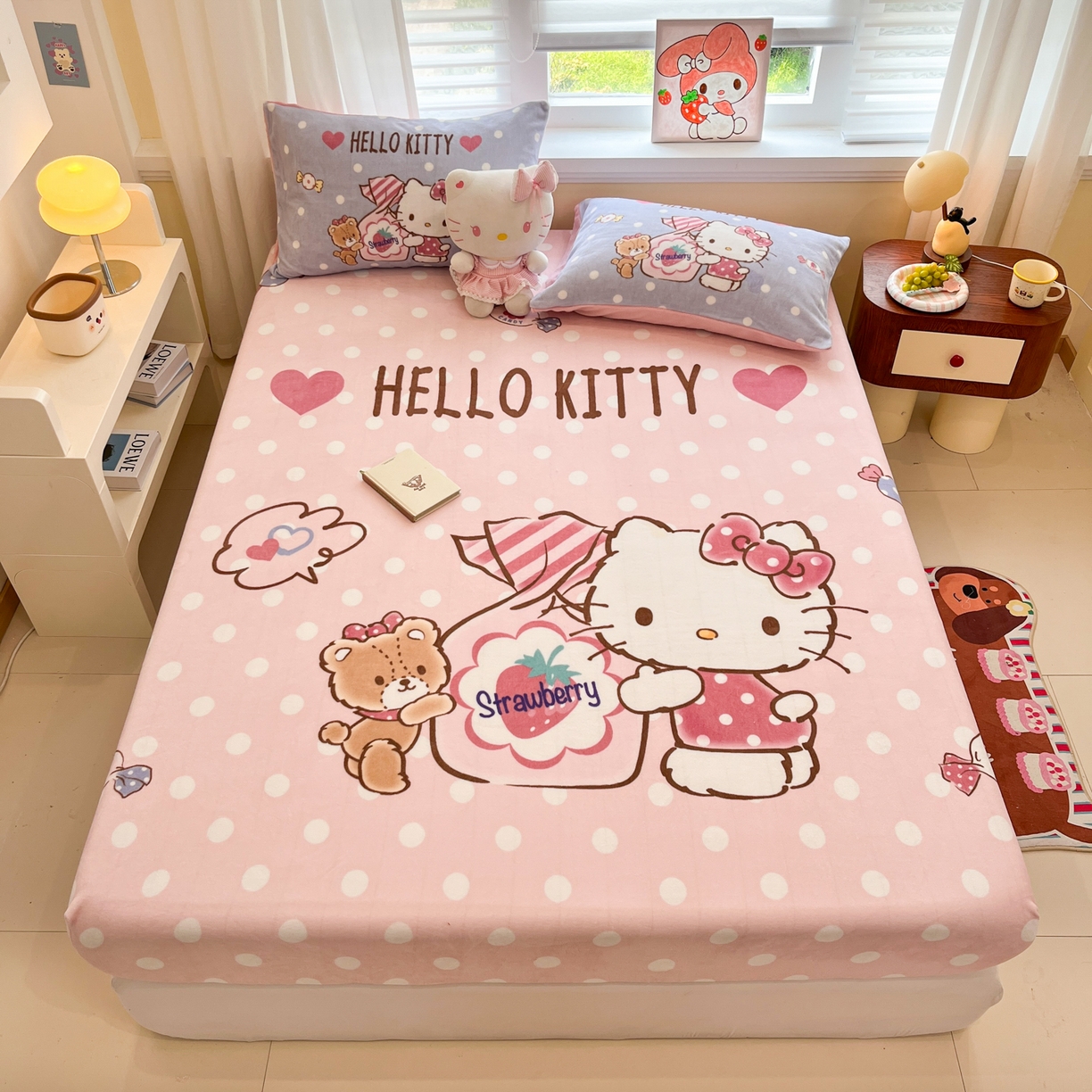 91家纺网 家纺一手货源 找家纺 金爱家 2025新款大版三丽鸥高克重牛奶绒保暖床笠 绒单品-糖果kt