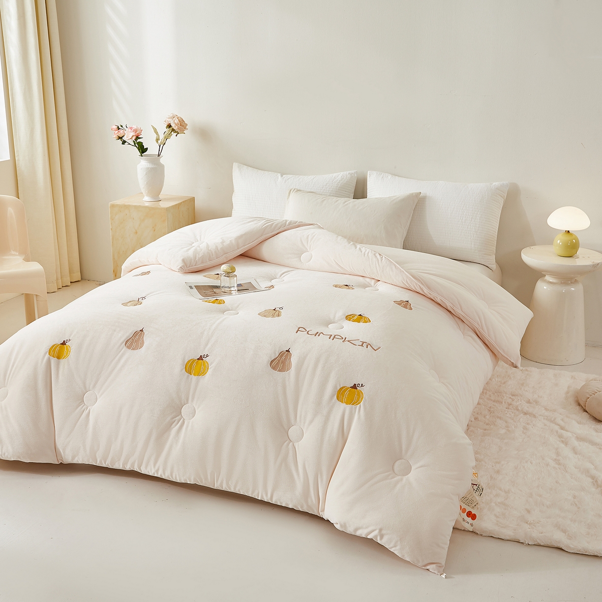 91家纺网 家纺一手货源 找家纺 合纵跨境工厂 2025秋冬新款恒温大豆被子被芯跨境外贸一件代发亚马逊希音包过核价-刺绣零压绒恒温大豆被 南瓜