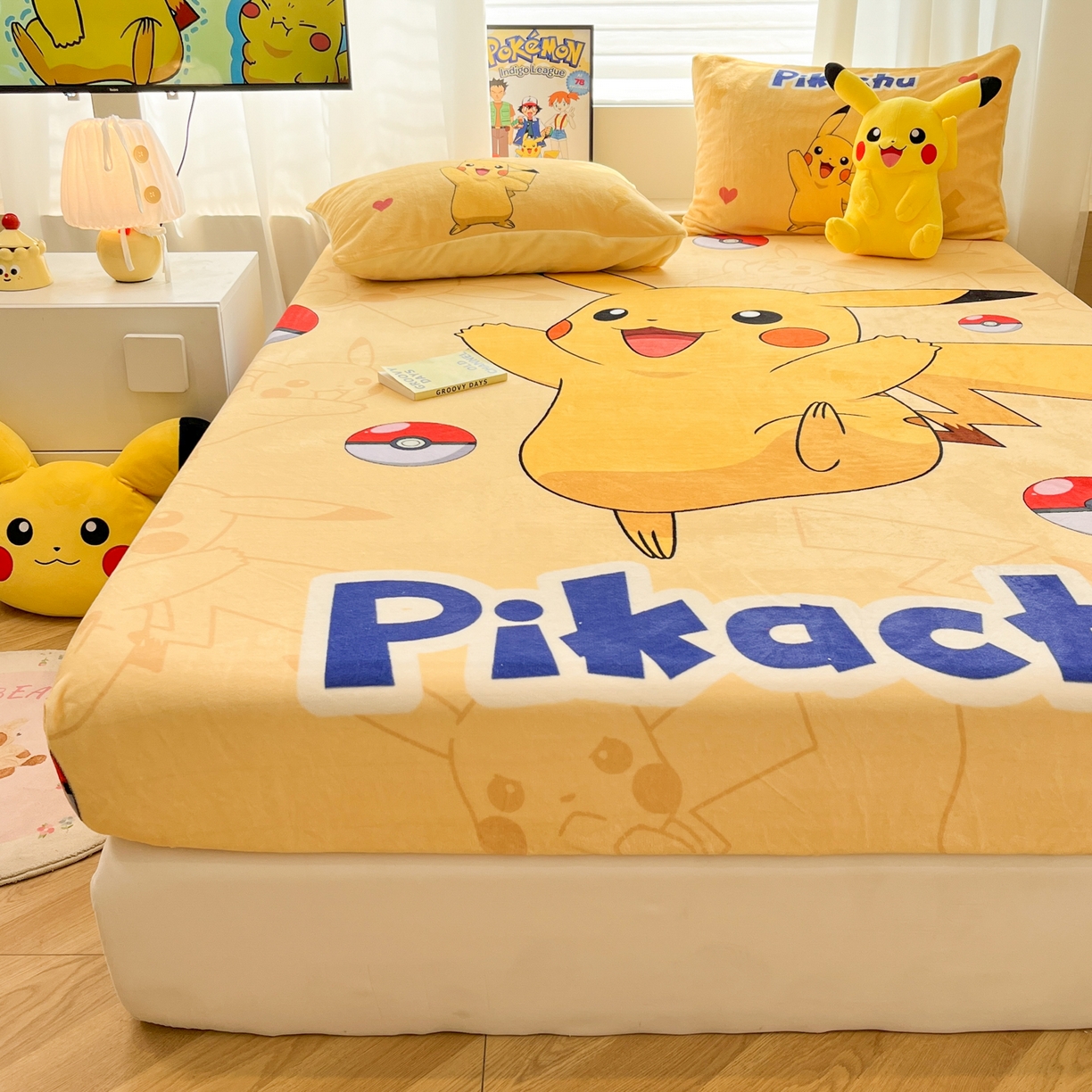 91家纺网 家纺一手货源 找家纺 暮思家居 2025新款正版授权宝可梦大版牛奶绒数码印花单品床笠单件床笠(带标价格） 绒A版-神奇宝贝