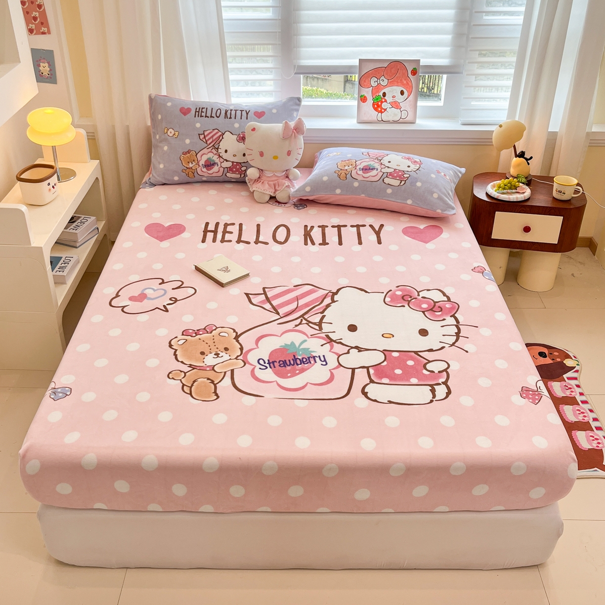 91家纺网 家纺一手货源 找家纺 金爱家 2025新款大版三丽鸥高克重牛奶绒保暖床笠 绒单品-糖果kt