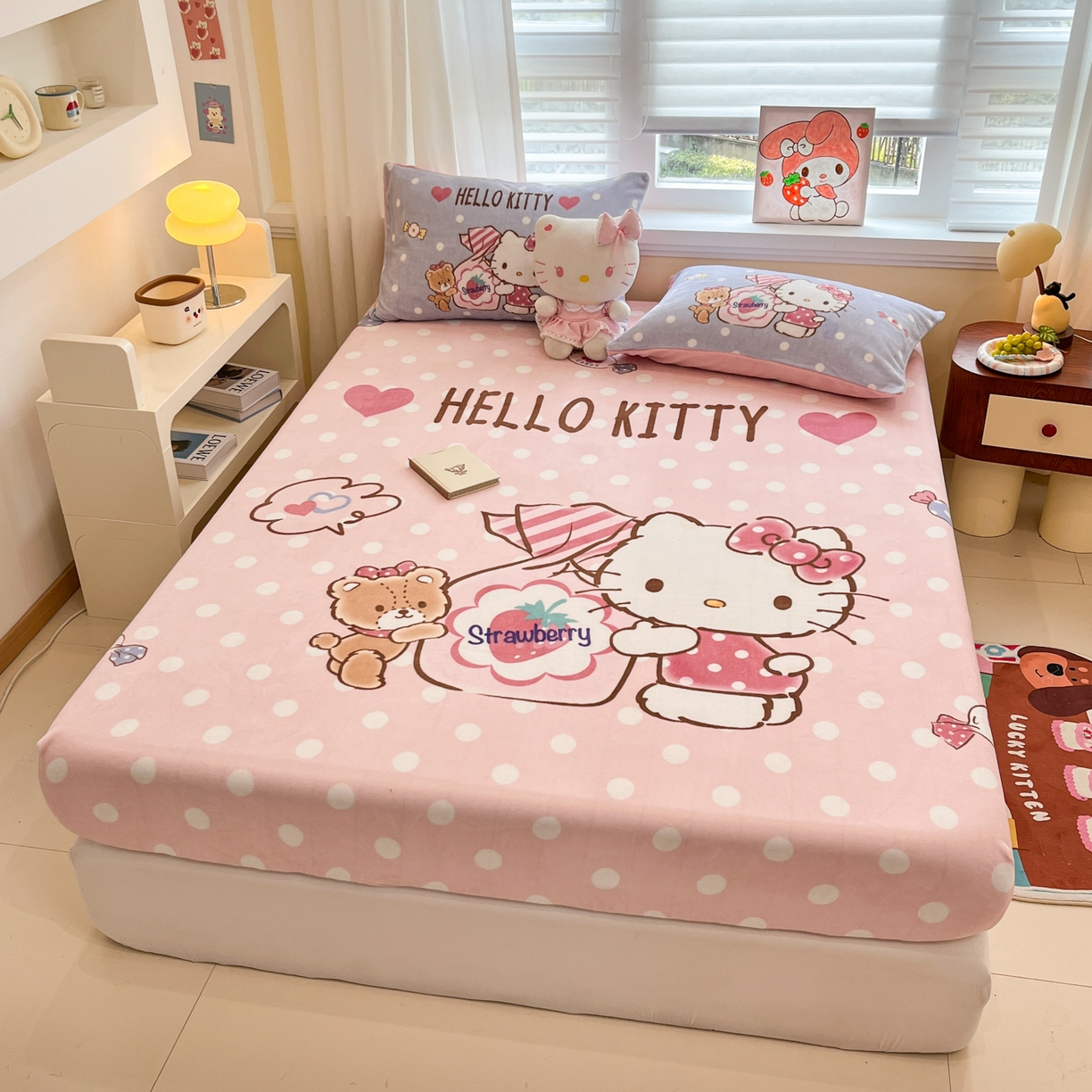 91家纺网 家纺一手货源 找家纺 金爱家 2025新款大版三丽鸥高克重牛奶绒保暖床笠 绒单品-糖果kt