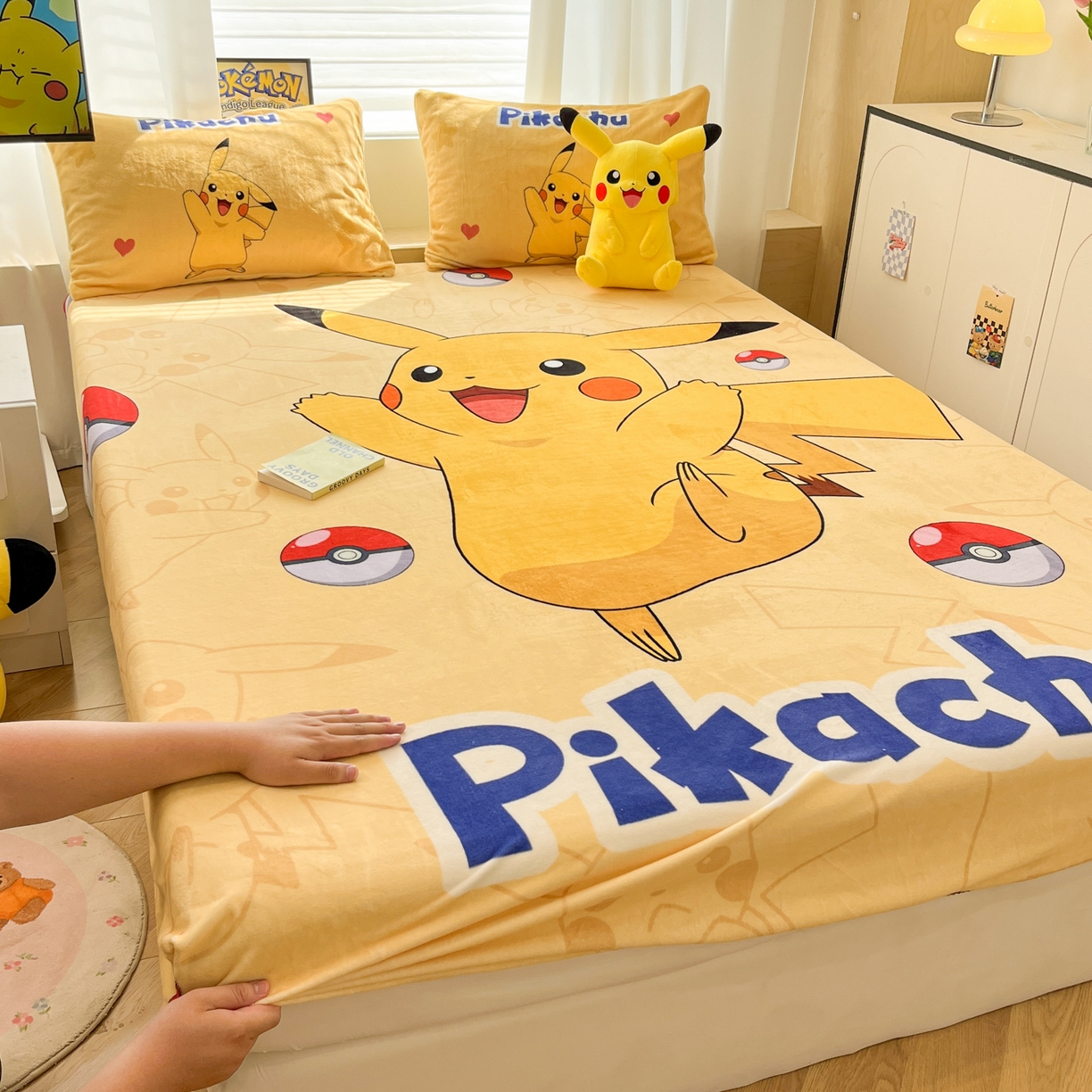 91家纺网 家纺一手货源 找家纺 暮思家居 2025新款正版授权宝可梦大版牛奶绒数码印花单品床笠单件床笠(带标价格） 绒A版-神奇宝贝