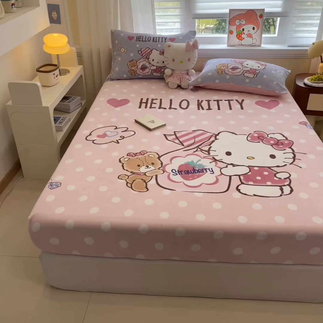 91家纺网 家纺一手货源 找家纺 金爱家 2025新款大版三丽鸥高克重牛奶绒保暖床笠 绒单品-糖果kt