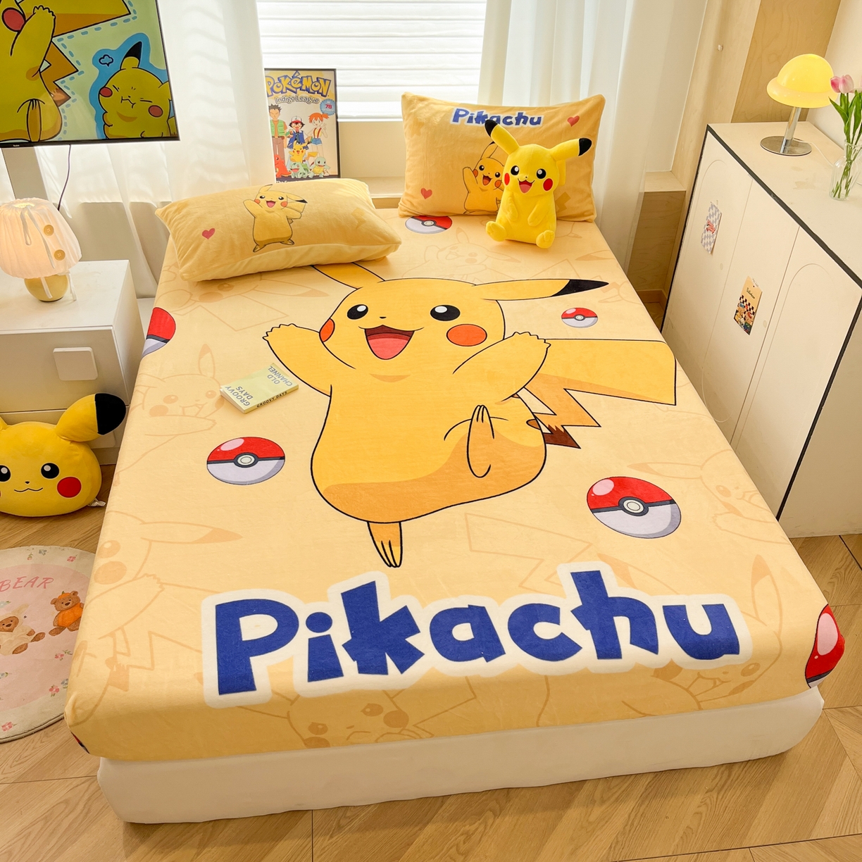 91家纺网 家纺一手货源 找家纺 暮思家居 2025新款正版授权宝可梦大版牛奶绒数码印花单品床笠单件床笠(带标价格） 绒A版-神奇宝贝