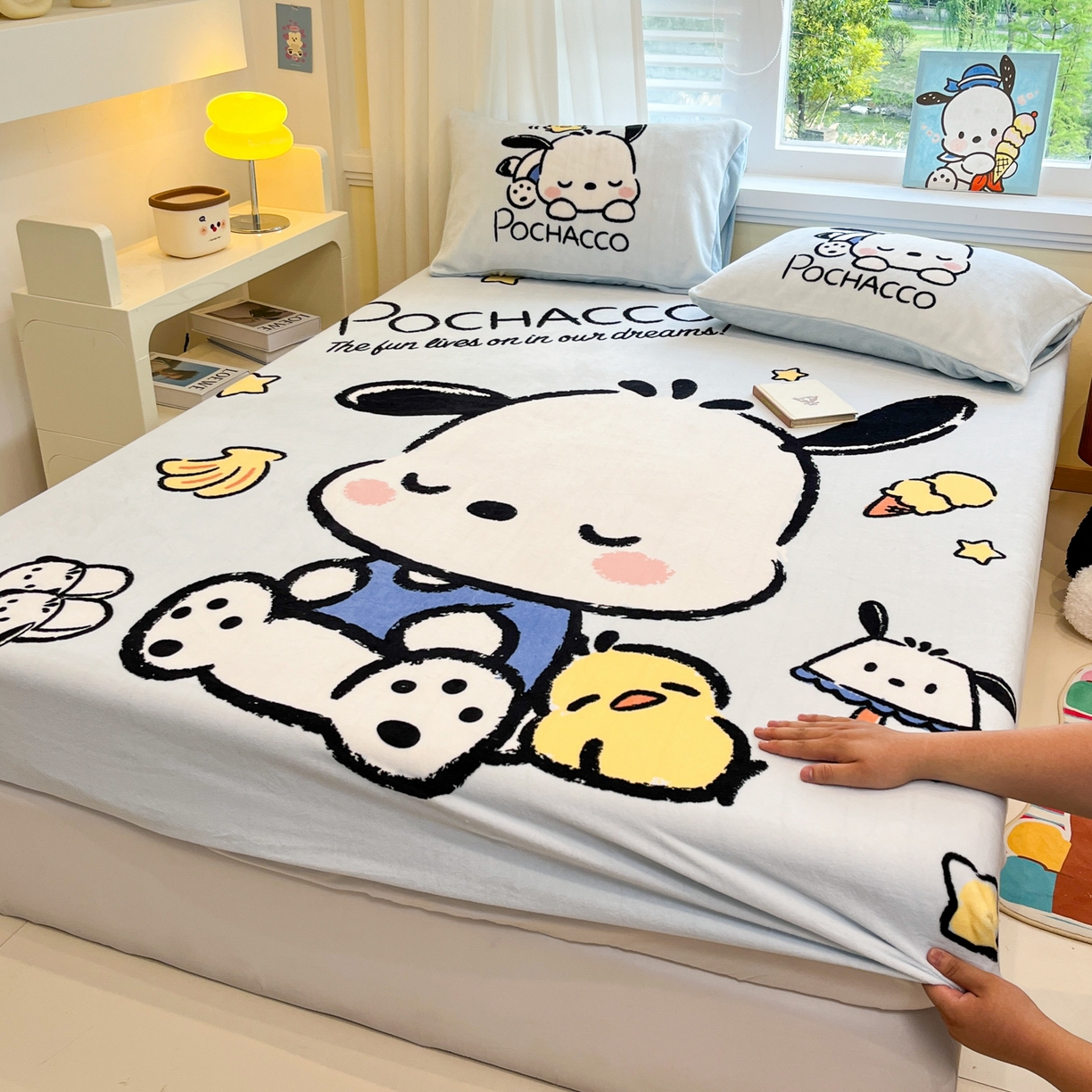 金爱家 2025新款大版三丽鸥高克重牛奶绒保暖床笠 绒单品-香蕉怕洽狗