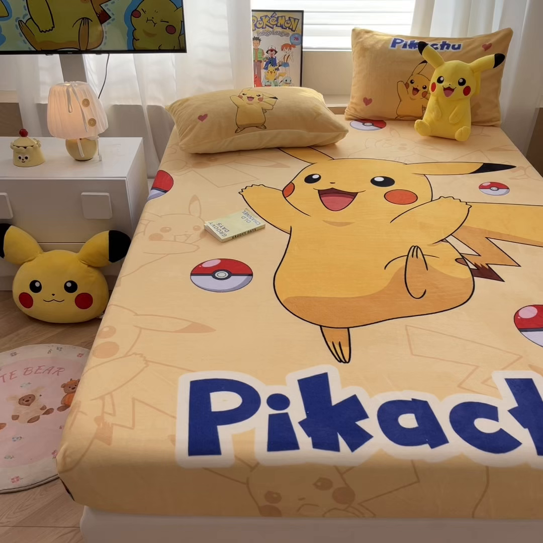 91家纺网 家纺一手货源 找家纺 暮思家居 2025新款正版授权宝可梦大版牛奶绒数码印花单品床笠单件床笠(带标价格） 绒A版-神奇宝贝