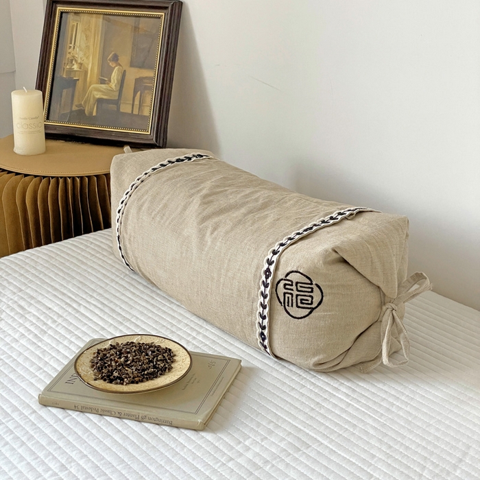 亦帆枕芯 2025新款刺绣棉麻可调节高低两用荞麦枕头枕芯可拆洗枕芯加枕套 卡其-刺绣棉麻两用枕