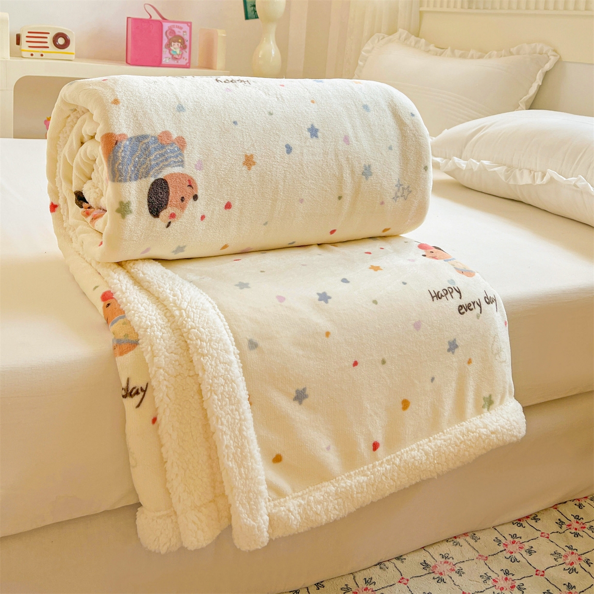 91家纺网 家纺一手货源 找家纺 名兮 2025新款秋冬高克重牛奶绒羊羔绒多功能盖毯 毛毯-星星狗