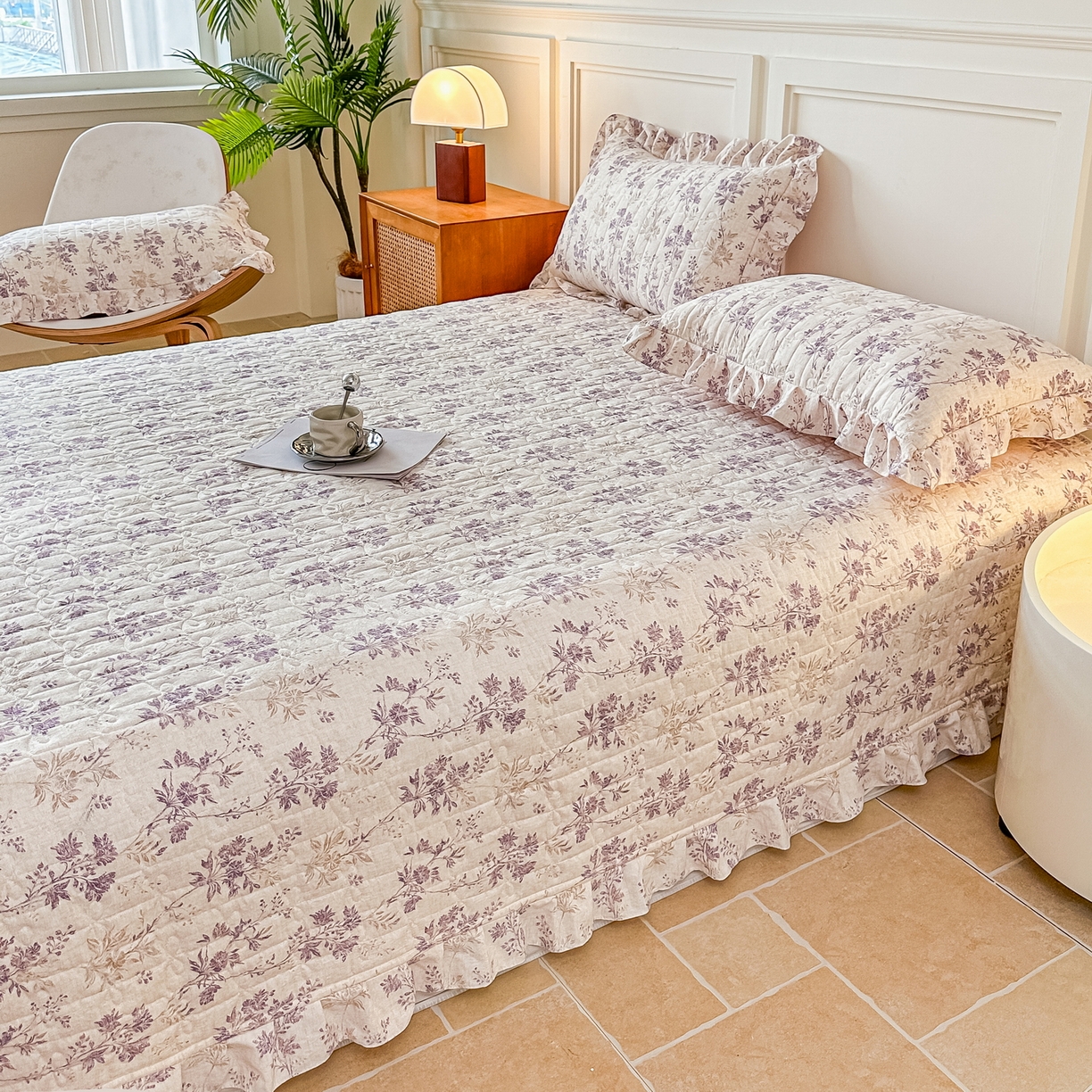 91家纺网 家纺一手货源 找家纺 （总）益利多 2025新款仿棉水洗棉夹棉床盖木耳边花边床单碎花