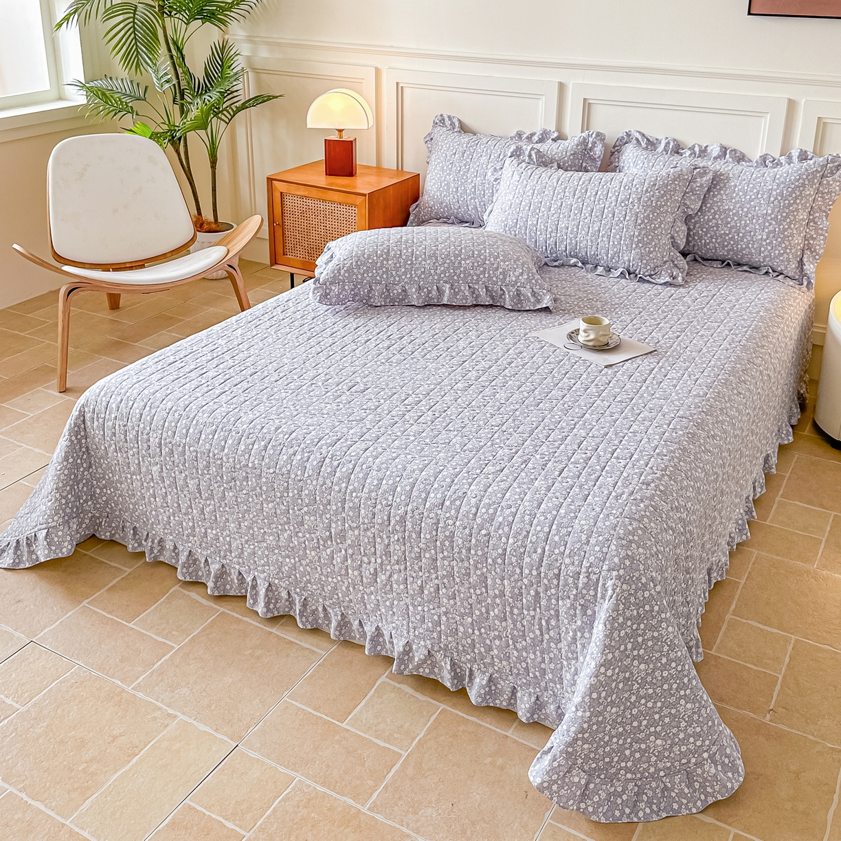 91家纺网 家纺一手货源 找家纺 （总）益利多 2025新款仿棉水洗棉夹棉床盖木耳边花边床单碎花