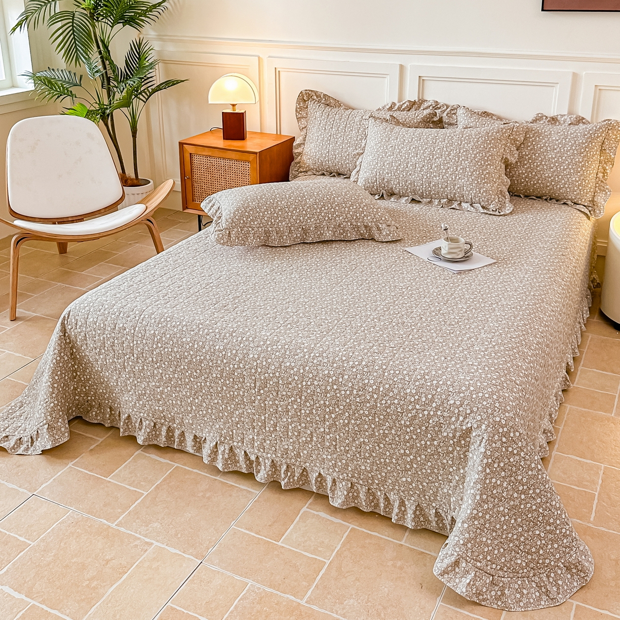 91家纺网 家纺一手货源 找家纺 （总）益利多 2025新款仿棉水洗棉夹棉床盖木耳边花边床单碎花