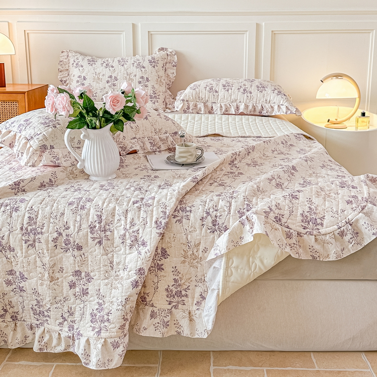 91家纺网 家纺一手货源 找家纺 （总）益利多 2025新款仿棉水洗棉夹棉床盖木耳边花边床单碎花