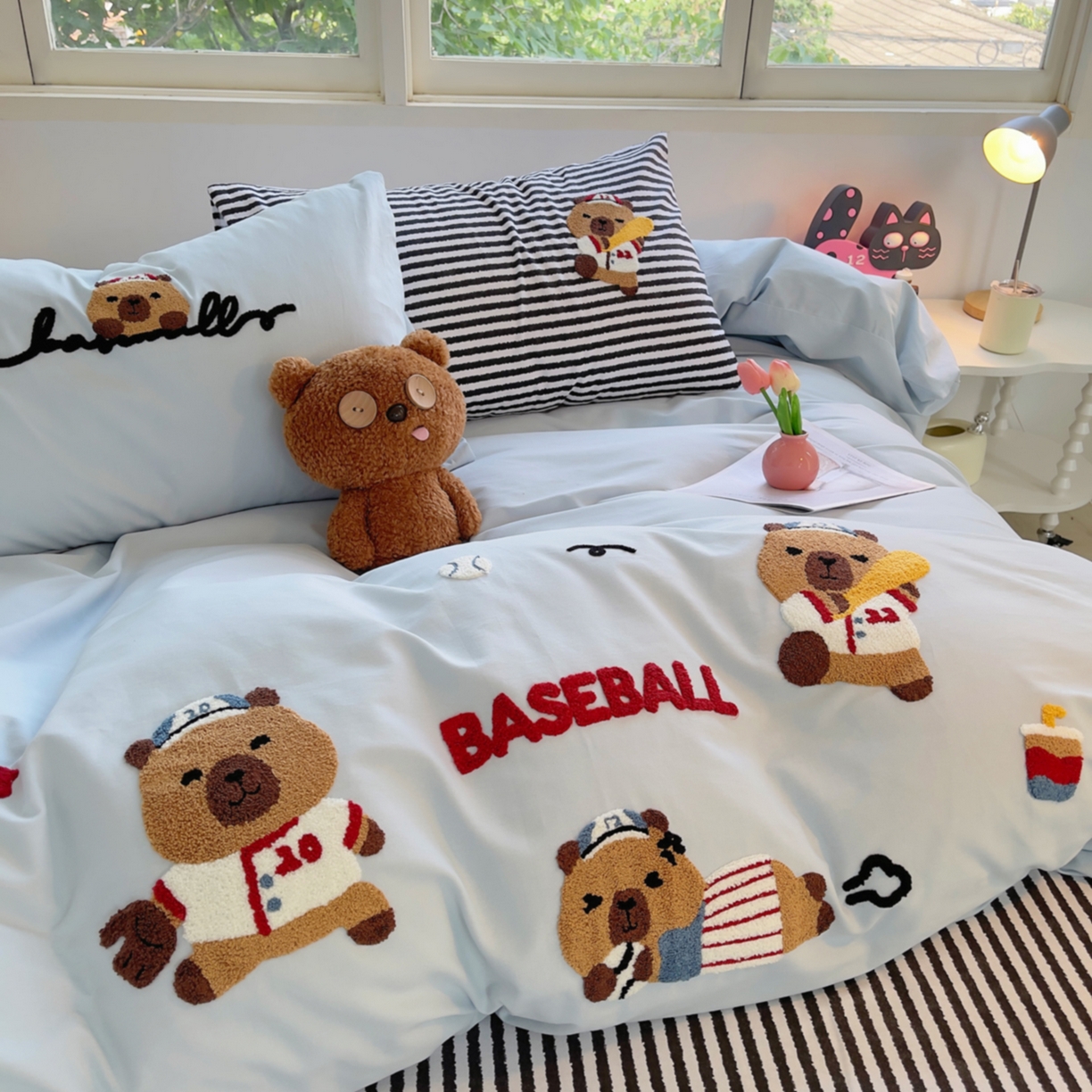 91家纺网 家纺一手货源 找家纺 炫拼家纺 2025新款全棉磨毛卡通毛巾绣加厚纯棉四件套-可梦系列 可梦-棒球卡皮