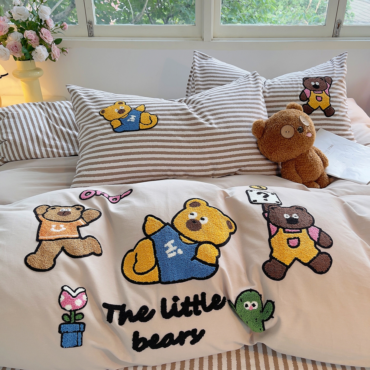 91家纺网 家纺一手货源 找家纺 炫拼家纺 2025新款全棉磨毛卡通毛巾绣加厚纯棉四件套-可梦系列 可梦-熊乐园