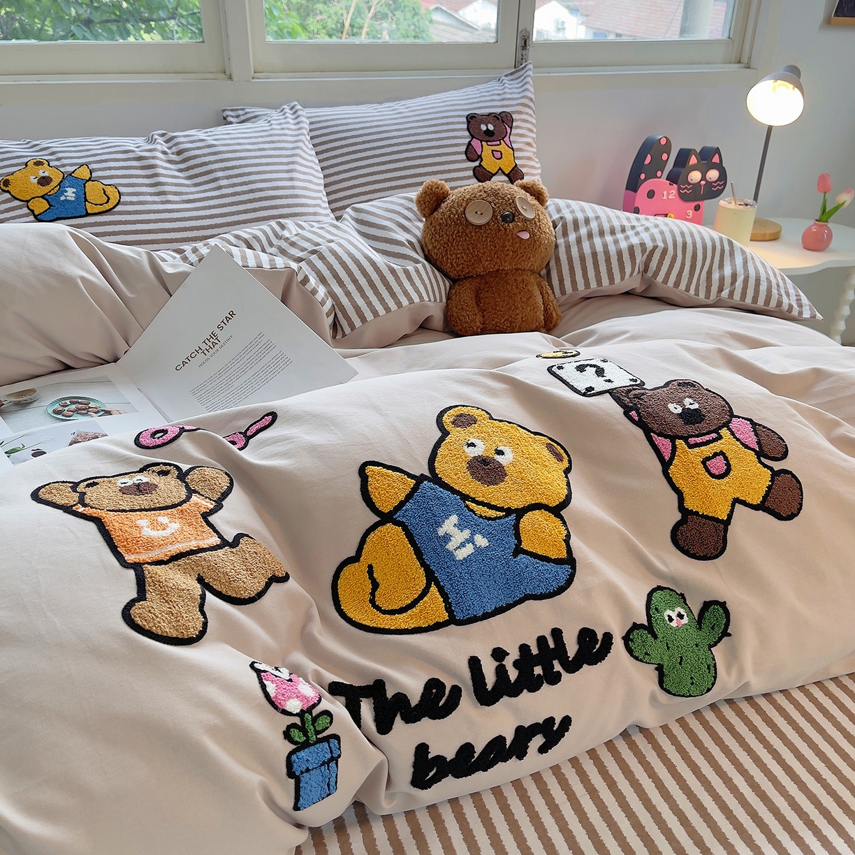 91家纺网 家纺一手货源 找家纺 炫拼家纺 2025新款全棉磨毛卡通毛巾绣加厚纯棉四件套-可梦系列 可梦-熊乐园