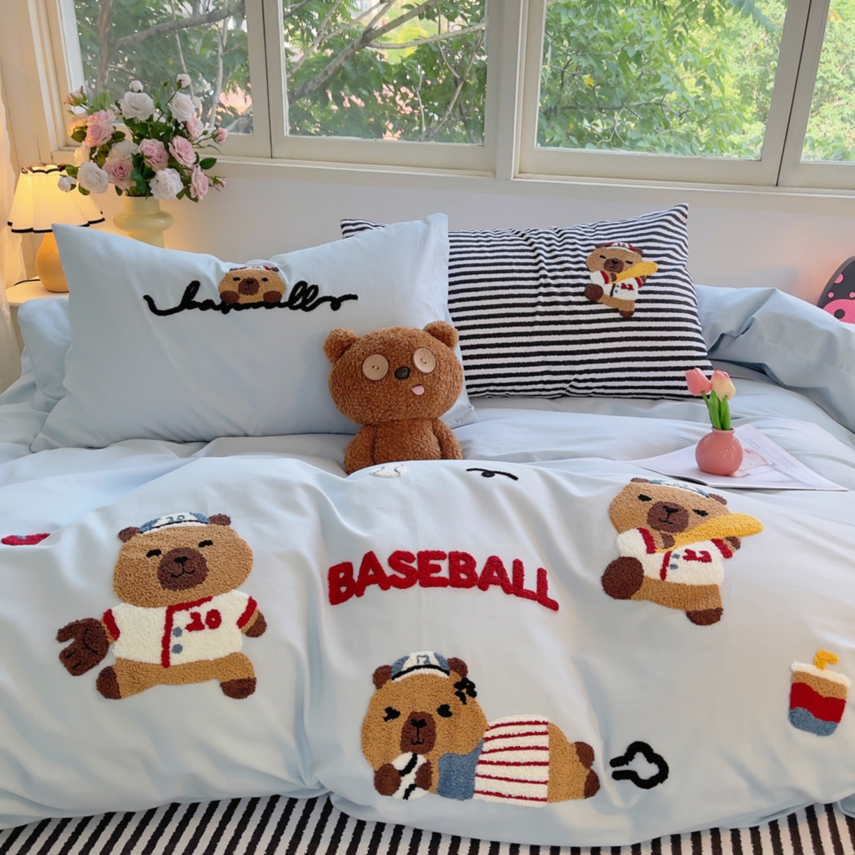 91家纺网 家纺一手货源 找家纺 炫拼家纺 2025新款全棉磨毛卡通毛巾绣加厚纯棉四件套-可梦系列 可梦-棒球卡皮