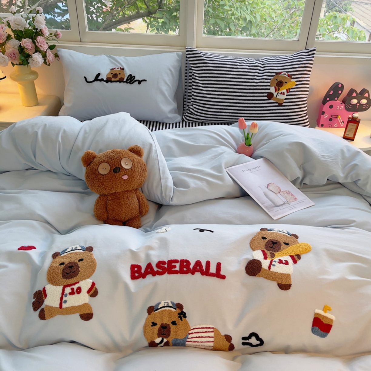 91家纺网 家纺一手货源 找家纺 炫拼家纺 2025新款全棉磨毛卡通毛巾绣加厚纯棉四件套-可梦系列 可梦-棒球卡皮