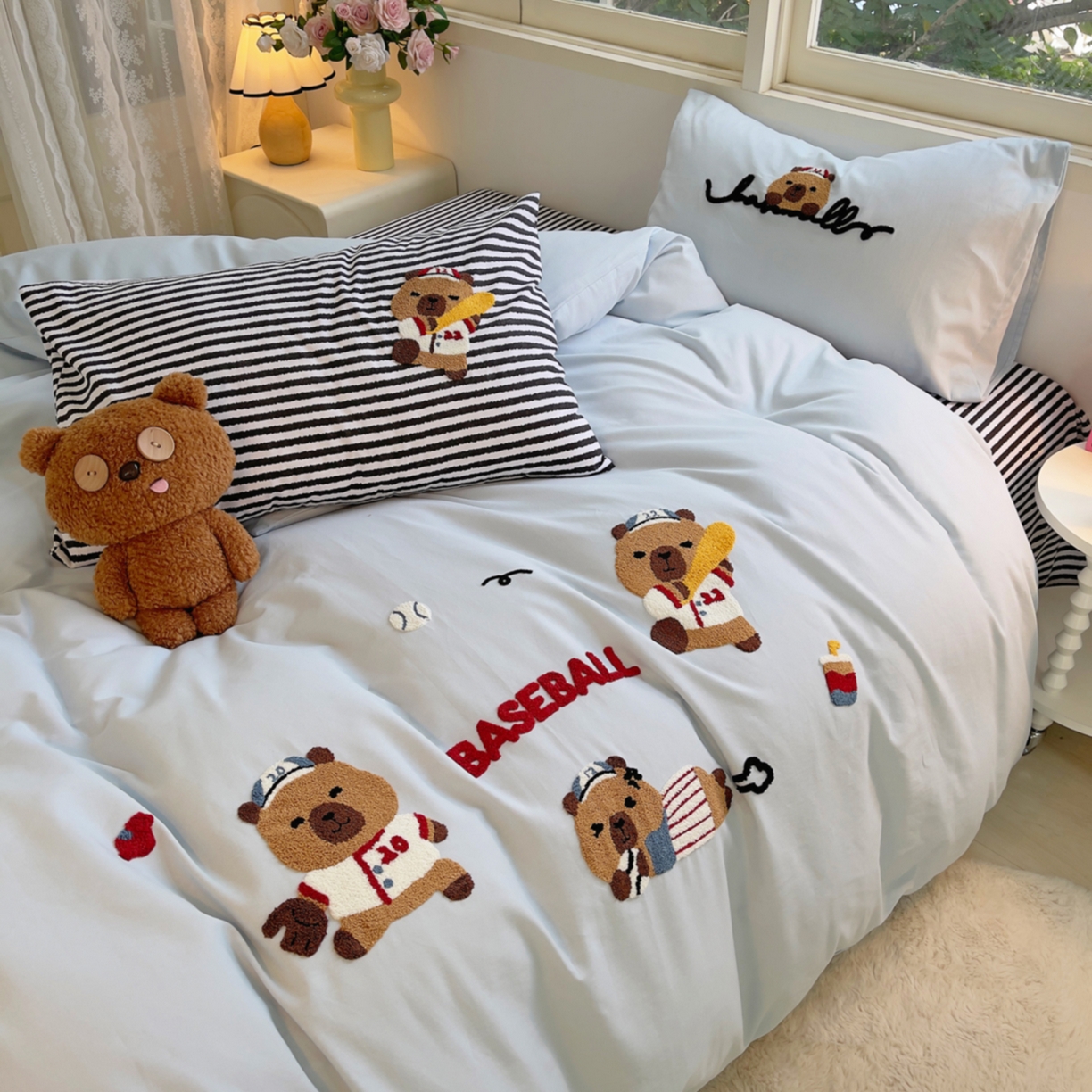 91家纺网 家纺一手货源 找家纺 炫拼家纺 2025新款全棉磨毛卡通毛巾绣加厚纯棉四件套-可梦系列 可梦-棒球卡皮