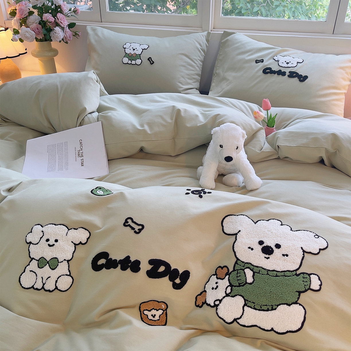 91家纺网 家纺一手货源 找家纺 炫拼家纺 2025新款全棉磨毛卡通毛巾绣加厚纯棉四件套-可梦系列 可梦-乖乖狗