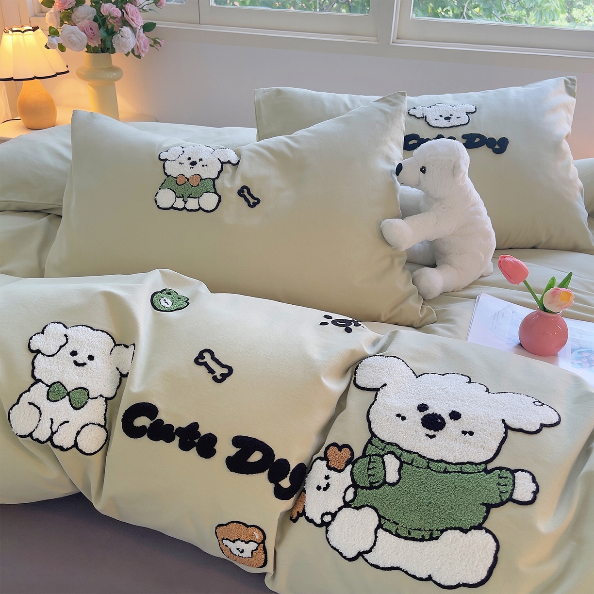 91家纺网 家纺一手货源 找家纺 炫拼家纺 2025新款全棉磨毛卡通毛巾绣加厚纯棉四件套-可梦系列 可梦-乖乖狗