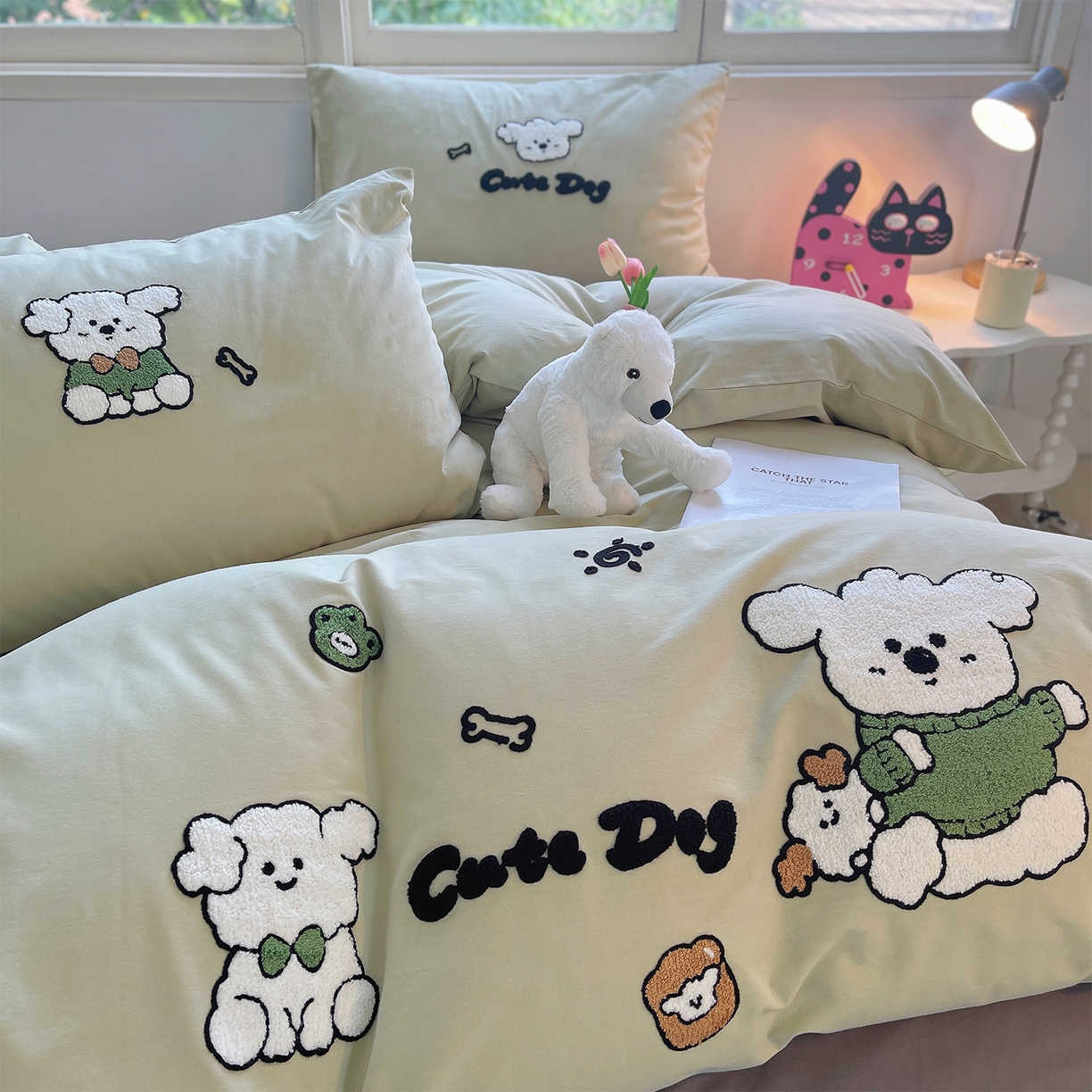 91家纺网 家纺一手货源 找家纺 炫拼家纺 2025新款全棉磨毛卡通毛巾绣加厚纯棉四件套-可梦系列 可梦-乖乖狗