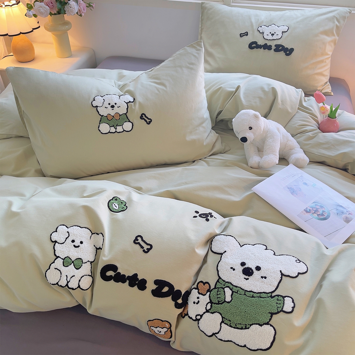 91家纺网 家纺一手货源 找家纺 炫拼家纺 2025新款全棉磨毛卡通毛巾绣加厚纯棉四件套-可梦系列 可梦-乖乖狗