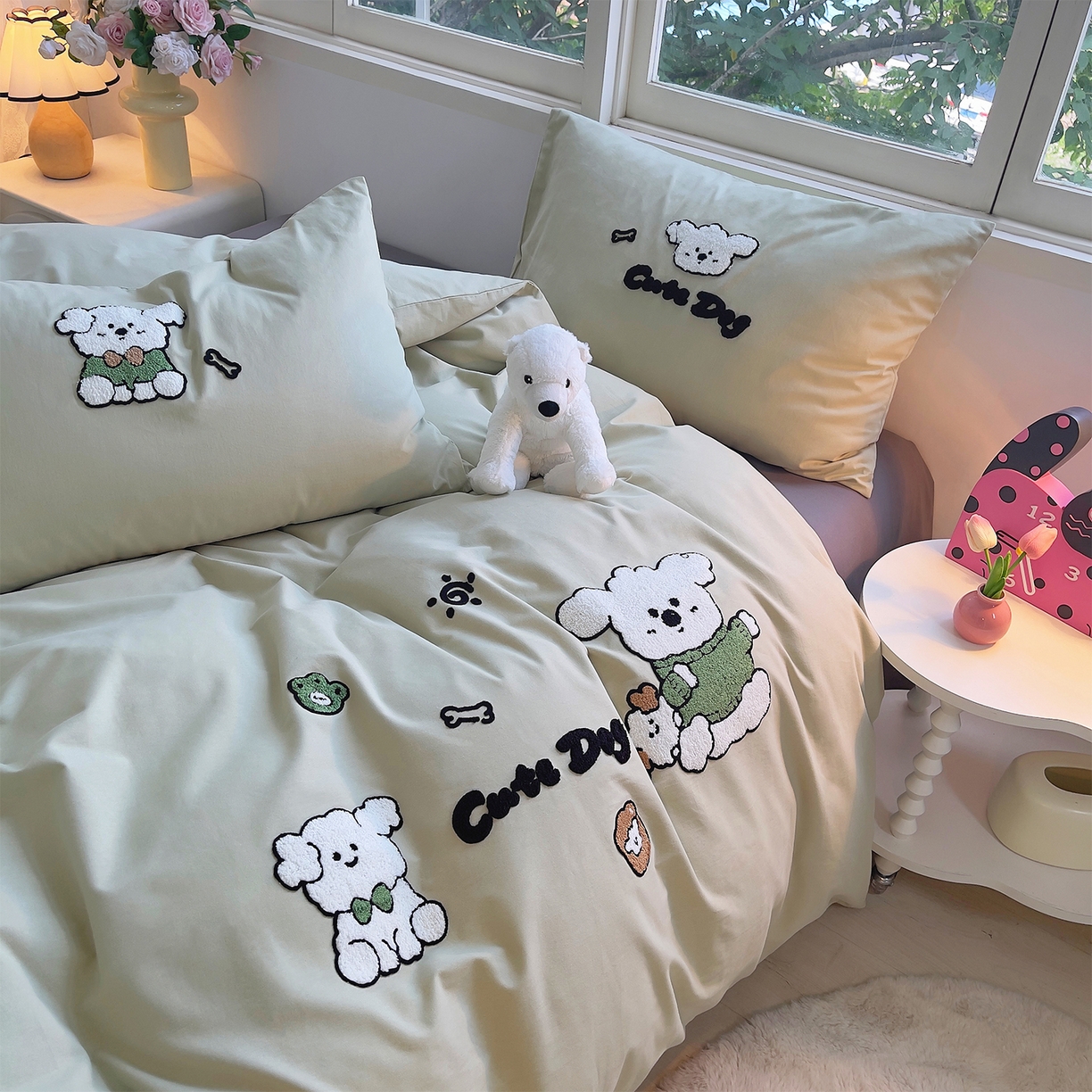 91家纺网 家纺一手货源 找家纺 炫拼家纺 2025新款全棉磨毛卡通毛巾绣加厚纯棉四件套-可梦系列 可梦-乖乖狗