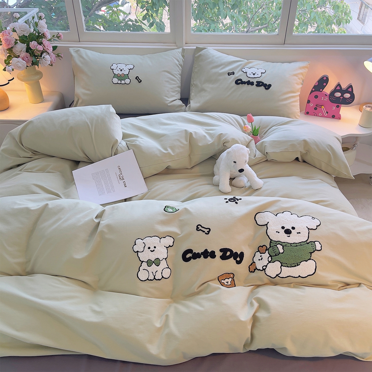 91家纺网 家纺一手货源 找家纺 炫拼家纺 2025新款全棉磨毛卡通毛巾绣加厚纯棉四件套-可梦系列 可梦-乖乖狗