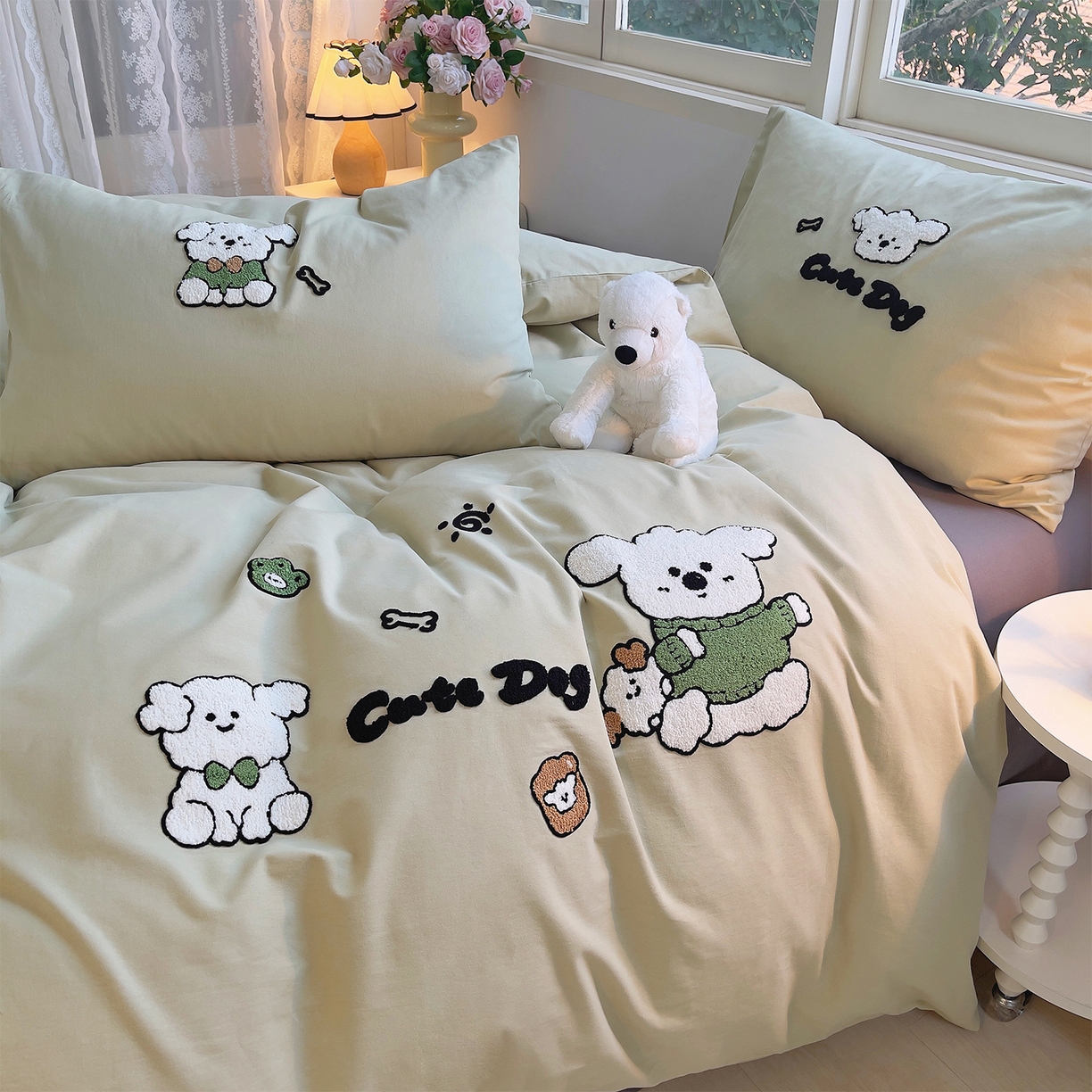 91家纺网 家纺一手货源 找家纺 炫拼家纺 2025新款全棉磨毛卡通毛巾绣加厚纯棉四件套-可梦系列 可梦-乖乖狗