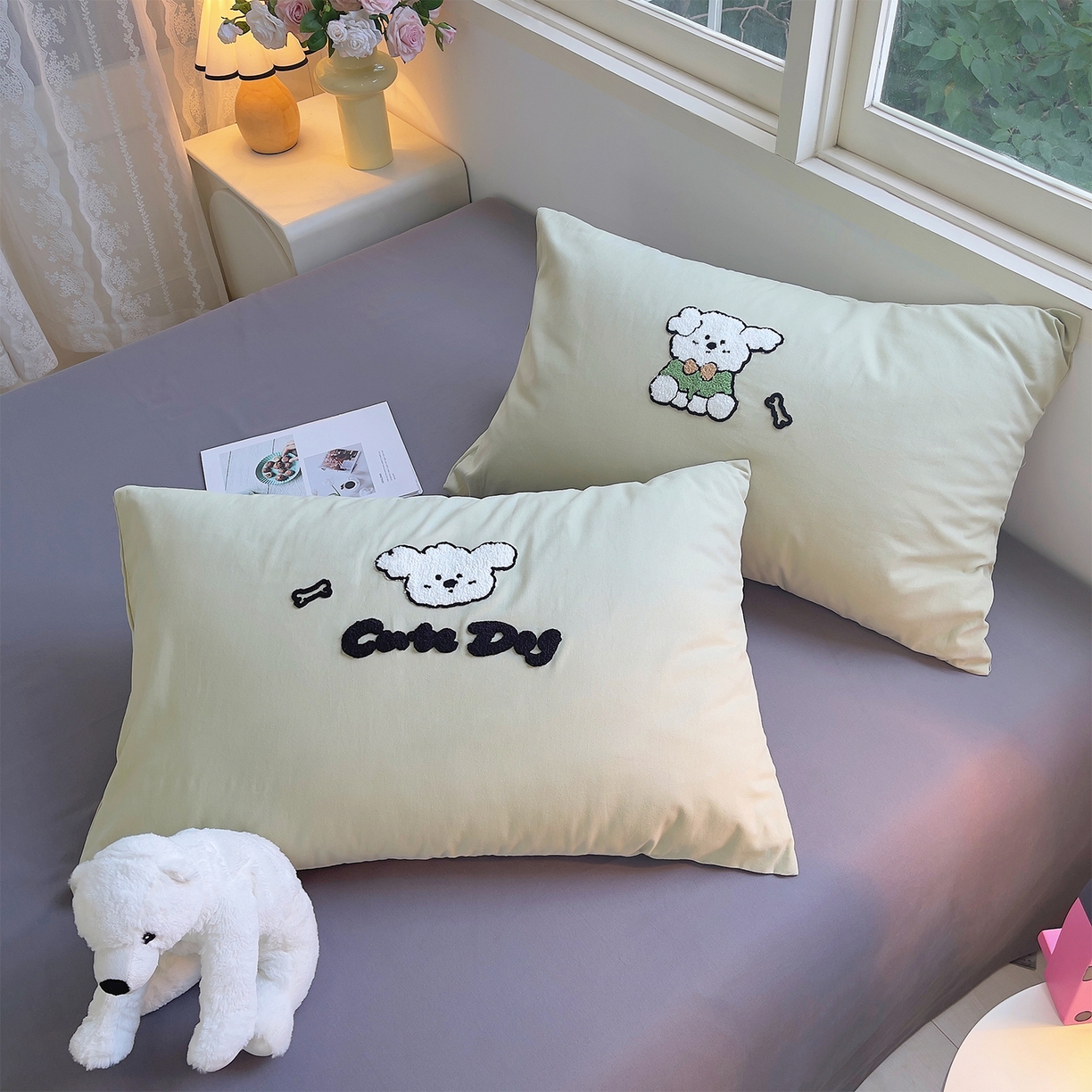 91家纺网 家纺一手货源 找家纺 炫拼家纺 2025新款全棉磨毛卡通毛巾绣加厚纯棉四件套-可梦系列 可梦-乖乖狗