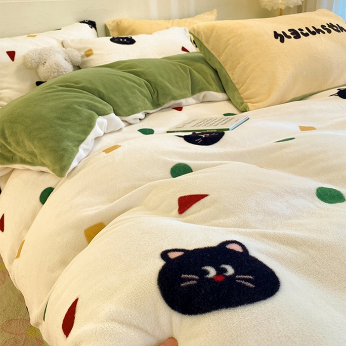 91家纺网 家纺一手货源 找家纺 如一 2025新款A类高克重印花牛奶绒四件套 色彩猫