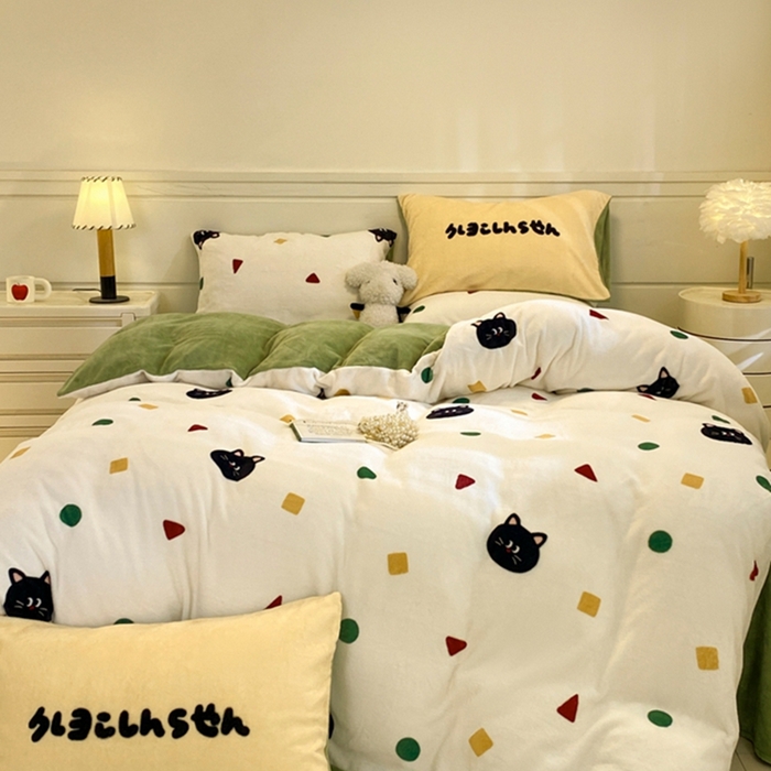 91家纺网 家纺一手货源 找家纺 如一 2025新款A类高克重印花牛奶绒四件套 色彩猫