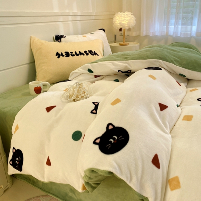 91家纺网 家纺一手货源 找家纺 如一 2025新款A类高克重印花牛奶绒四件套 色彩猫