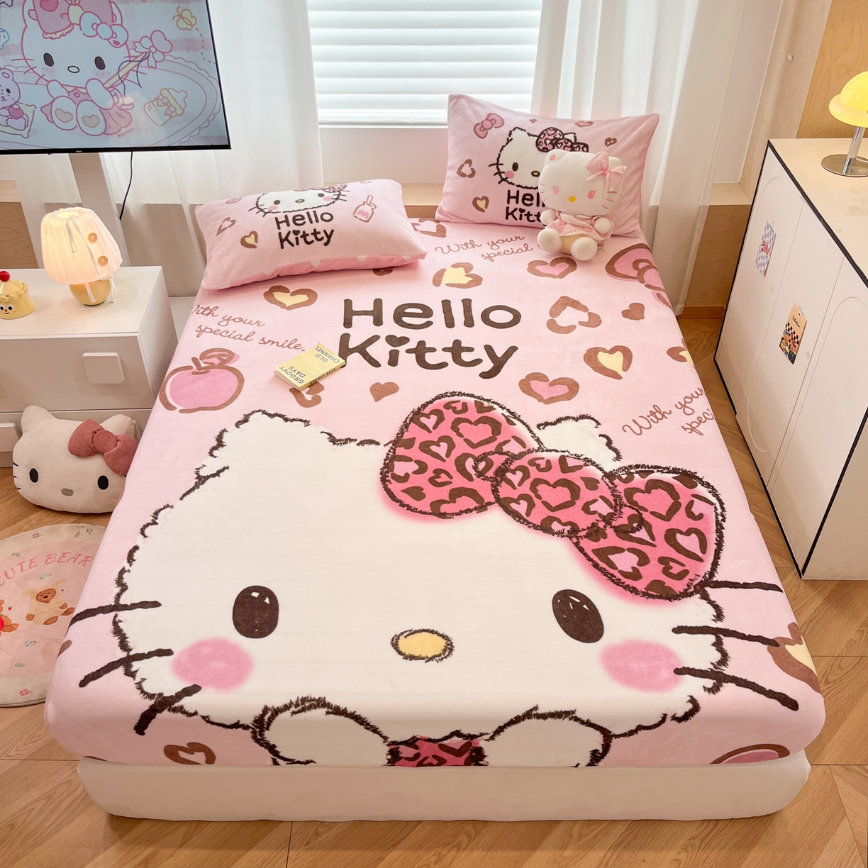 暮思家居 2025新款正版授权三丽鸥大版牛奶绒数码印花单品床笠单件床笠(带标价格） 绒A版-豹纹KT猫