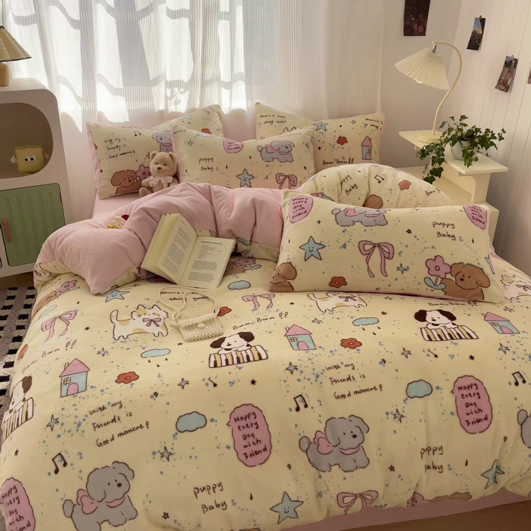 91家纺网 家纺一手货源 找家纺 如一 2025新款A类高克重印花牛奶绒四件套 游乐园