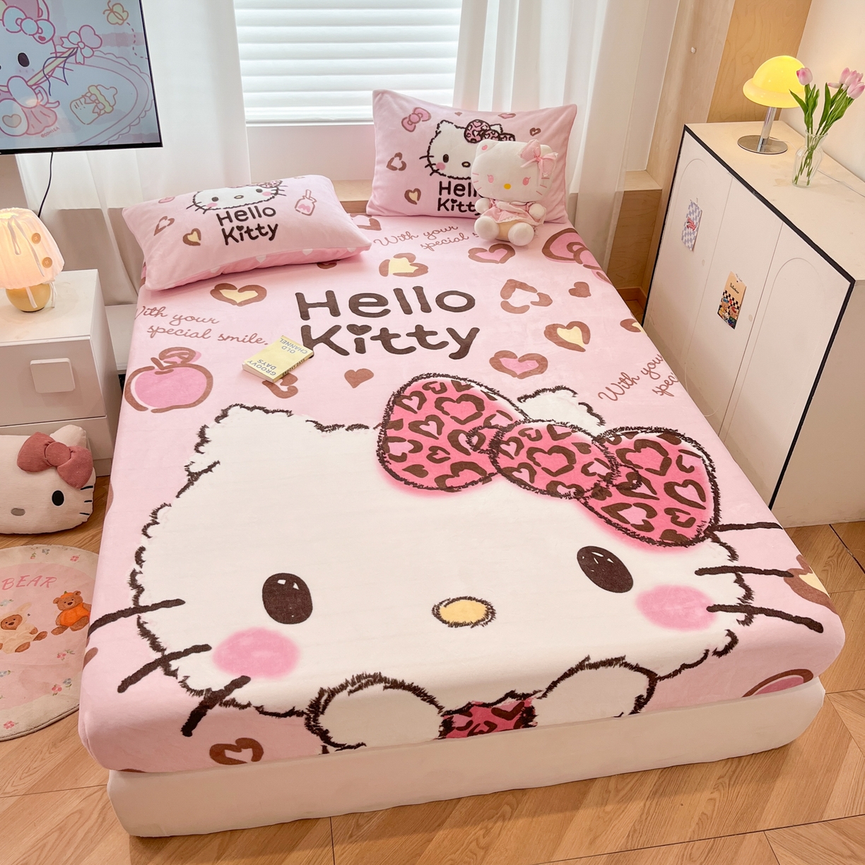 91家纺网 家纺一手货源 找家纺 暮思家居 2025新款正版授权三丽鸥大版牛奶绒数码印花单品床笠单件床笠(带标价格） 绒A版-豹纹KT猫