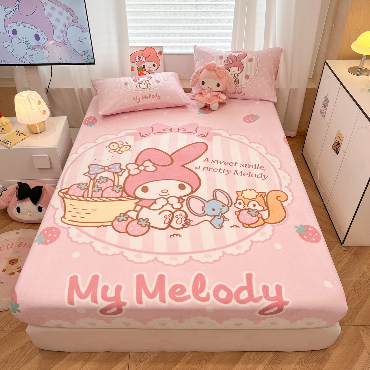 暮思家居 2025新款正版授权三丽鸥大版牛奶绒数码印花单品床笠单件床笠(带标价格） 绒A版-草莓美乐蒂