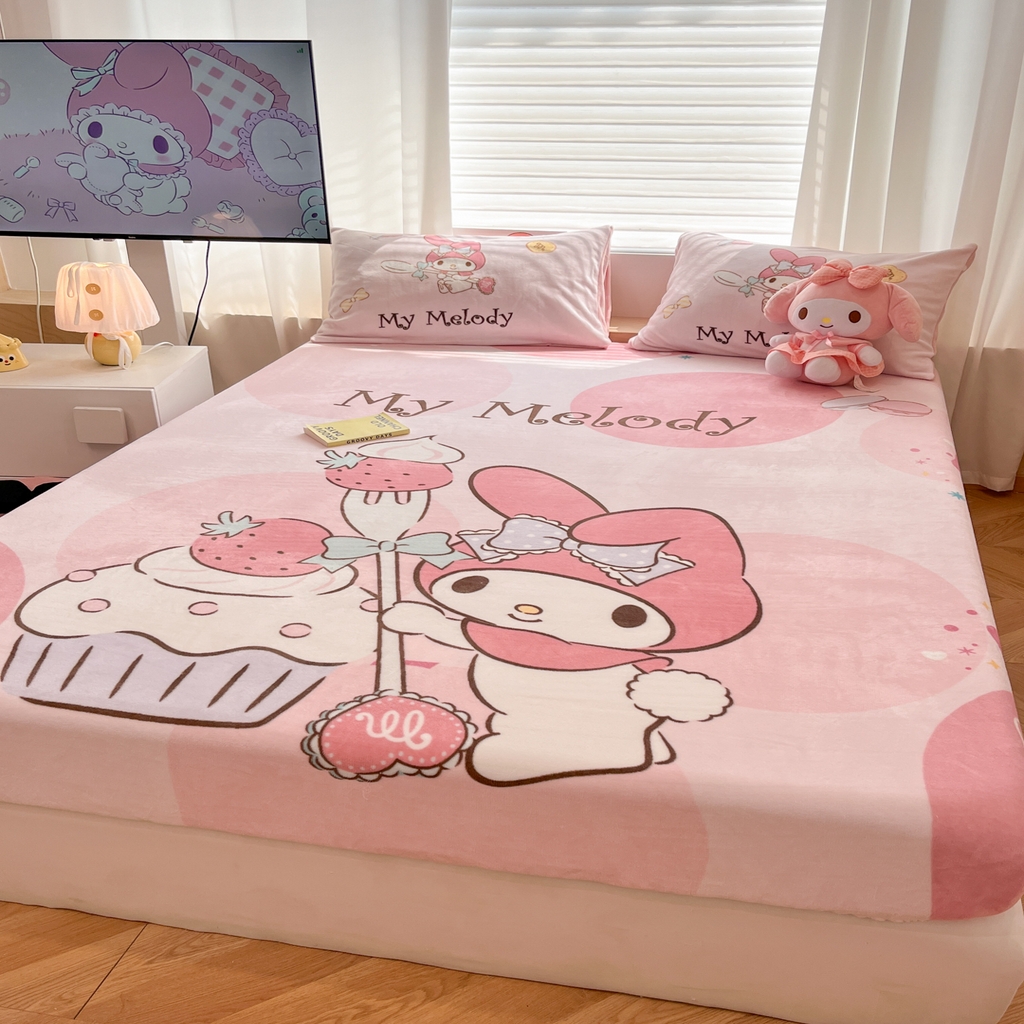 91家纺网 家纺一手货源 找家纺 暮思家居 2025新款正版授权三丽鸥大版牛奶绒数码印花单品床笠单件床笠(带标价格） 绒A版-蛋糕美乐蒂