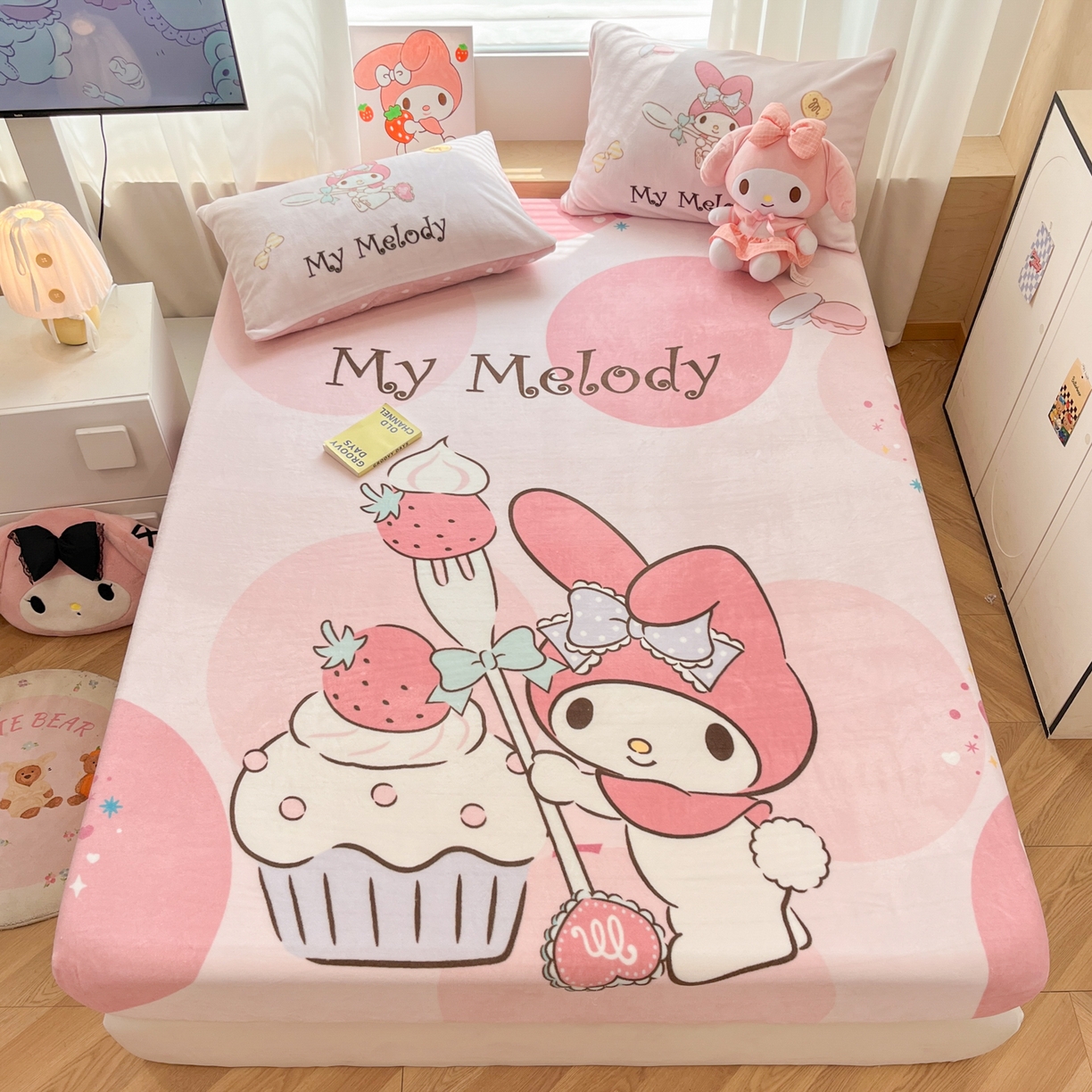 91家纺网 家纺一手货源 找家纺 暮思家居 2025新款正版授权三丽鸥大版牛奶绒数码印花单品床笠单件床笠(带标价格） 绒A版-蛋糕美乐蒂