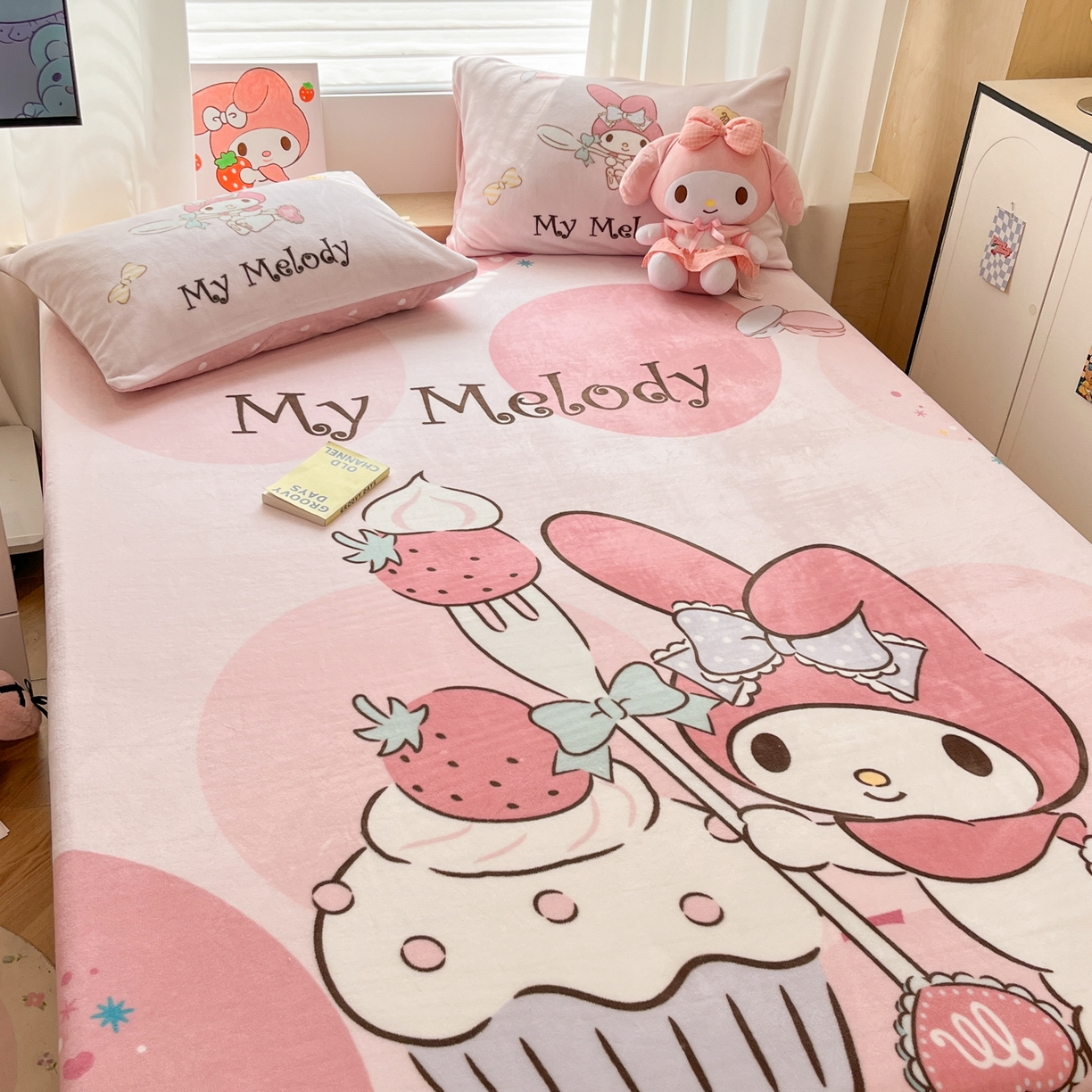 91家纺网 家纺一手货源 找家纺 暮思家居 2025新款正版授权三丽鸥大版牛奶绒数码印花单品床笠单件床笠(带标价格） 绒A版-蛋糕美乐蒂