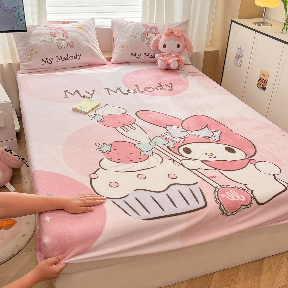 91家纺网 家纺一手货源 找家纺 暮思家居 2025新款正版授权三丽鸥大版牛奶绒数码印花单品床笠单件床笠(带标价格） 绒A版-蛋糕美乐蒂