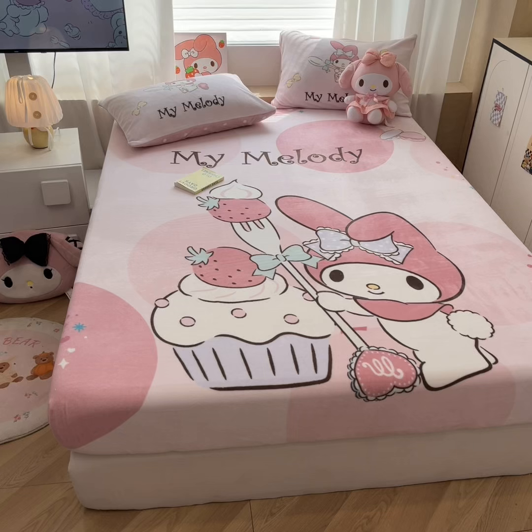 91家纺网 家纺一手货源 找家纺 暮思家居 2025新款正版授权三丽鸥大版牛奶绒数码印花单品床笠单件床笠(带标价格） 绒A版-蛋糕美乐蒂