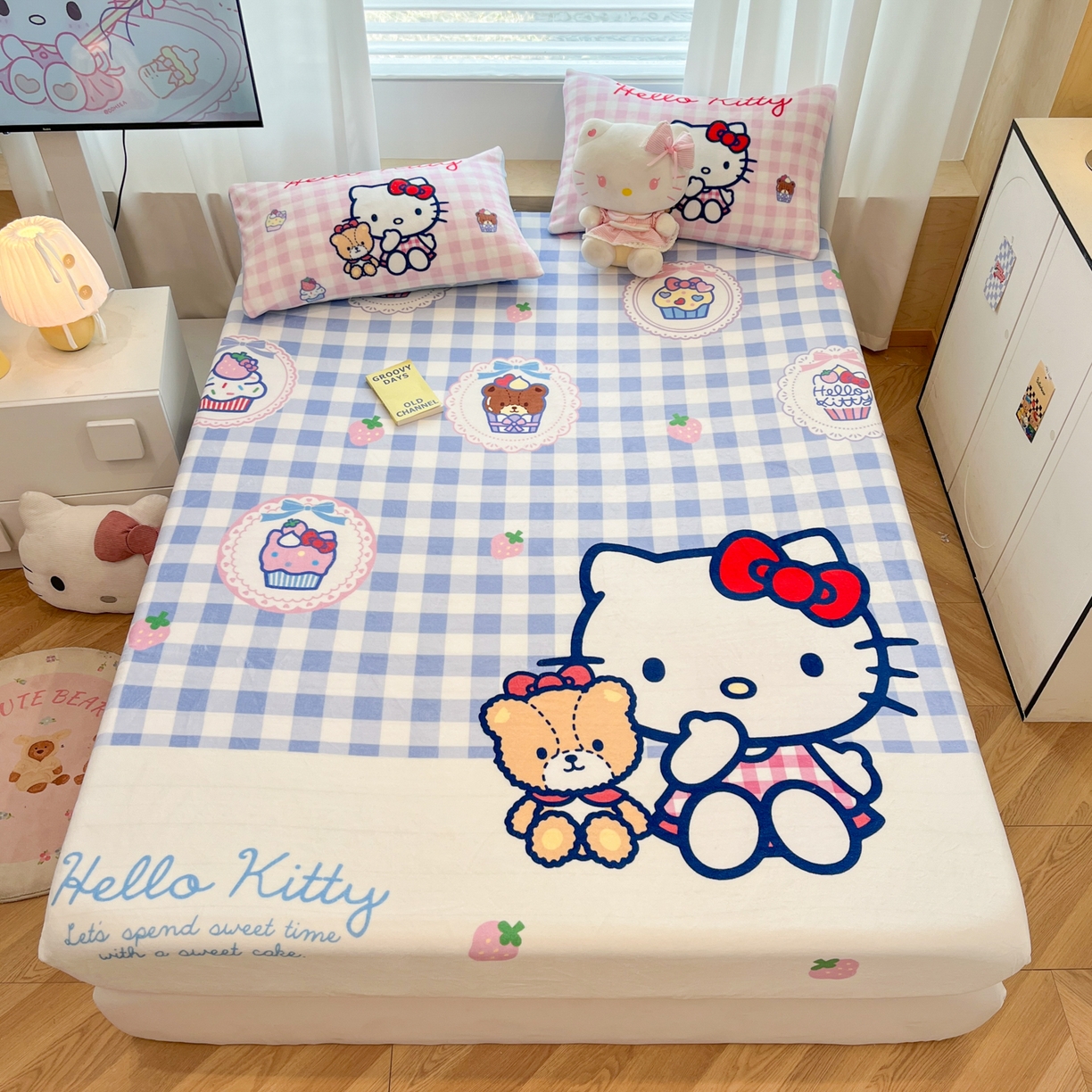 暮思家居 2025新款正版授权三丽鸥大版牛奶绒数码印花单品床笠单件床笠(带标价格） 绒A版-格子KT