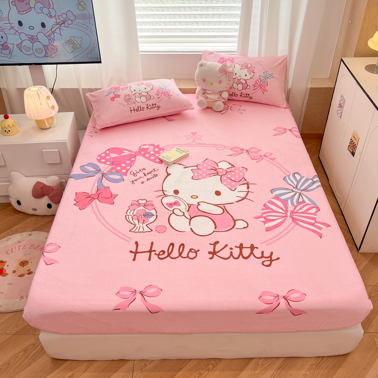 暮思家居 2025新款正版授权三丽鸥大版牛奶绒数码印花单品床笠单件床笠(带标价格） 绒A版-美美KT